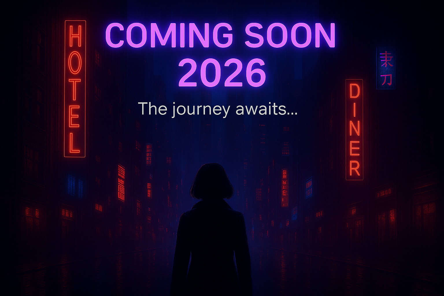 Neon‑lit city street with gentle rain, evoking JOY‑KD9 futurism